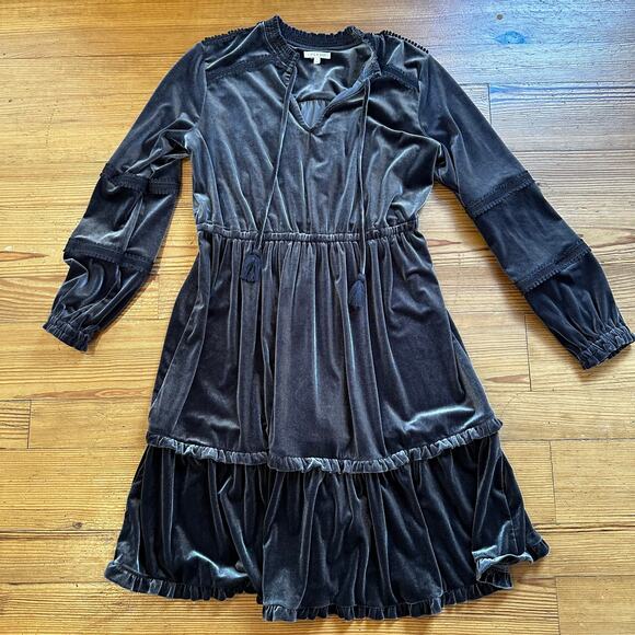 Kate and Sam dark gray velvet long sleeve tiered midi dress SIZE L - Picture 1 of 5